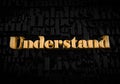 Understand - Gold text on black text background - Motivational word 3D rendered picture