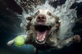Underwater action portrait of dog diving for toy ball in pool. Generative Ai