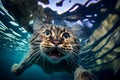 Underwater action portrait of funny cat diving in pool. Generative Ai