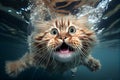 Underwater action portrait of funny cat diving in pool. Generative Ai
