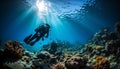 Underwater adventure diving into blue tropical reef generated by AI