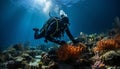Underwater adventure diving into blue tropical sea generated by AI