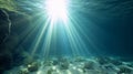 An underwater illustration of tropical blue clear waters with fractal light rays from above