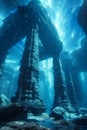 Underwater Ancient Ruins in Mystical Ocean Sunken Columns with Marine Life and Light Beams