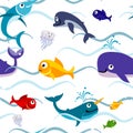 Underwater animal in water waves. Cartoon seamless pattern Royalty Free Stock Photo