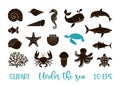 Underwater animals clipart - a set of silhouettes Royalty Free Stock Photo