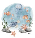 Underwater Animals. Cute undersea bundle with jellyfish, turtle, clownfish, shells, algae, corals and bubbles. Hand Royalty Free Stock Photo