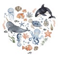 Underwater Animals heart design. Cute undersea composition in circle with whale, dolphin, octopus, seahorse, jellyfish Royalty Free Stock Photo