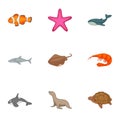 Underwater animals icons set, cartoon style Royalty Free Stock Photo