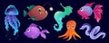 Underwater animals mega set in cartoon graphic design. Bundle elements of cute angler fish and other fishes, jellyfish, seahorse, Royalty Free Stock Photo