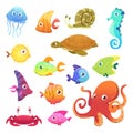 Underwater animals. Ocean sea animals fish octopus turtle seahorse vector characters