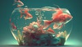 Underwater aquarium with goldfish and seaweed. 3d illustration