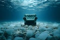 Underwater armchair. Mental health concept. Thinking about problems, psychology, inner world, feelings, loneliness, surreal. Safe