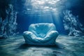 Underwater armchair. Mental health concept. Thinking about problems, psychology, inner world, feelings, loneliness, surreal. Safe