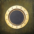 Underwater armored porthole in brass with brass screws. Royalty Free Stock Photo