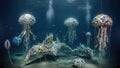 Underwater art installation featuring plastic marine life sculptures Royalty Free Stock Photo