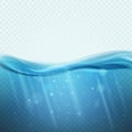 Underwater background. Blue water ocean, sea or lake with undersea light rays and waves. Ecosystem nature panorama 3d Royalty Free Stock Photo