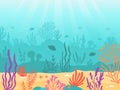 Underwater background. Cartoon seascape with coral reef, sand, seaweed and fish. Ocean bottom scene, deep undersea marine vector Royalty Free Stock Photo