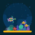 Underwater background coral garden with glossy water surface