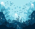 Underwater background. Corals and reef wildlife scene. Vector illustration with deep marine inhabitants