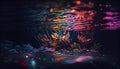 Underwater background. Dark waves neon with flares surface. Glow purple water splashes colorful lights Royalty Free Stock Photo