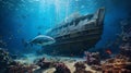 Photorealistic Underwater Shipwreck With Sharks And Reef