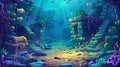 A underwater background with fish, sunken ship, and wrecked ship. This is a modern cartoon of a deep seafloor with