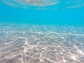 Underwater background with sandy sea bottom. Beautiful texture of the sea and ocean water. Pure water texture Royalty Free Stock Photo