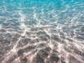 Underwater background with sandy sea bottom. Beautiful texture of the sea and ocean water. Pure water texture Royalty Free Stock Photo