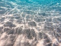 Underwater background with sandy sea bottom. Beautiful texture of the sea and ocean water. Pure water texture Royalty Free Stock Photo