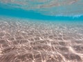 Underwater background with sandy sea bottom. Beautiful texture of the sea and ocean water. Pure water texture Royalty Free Stock Photo