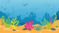 Underwater background with seaweed and fish silhouettes. Marine life, ocean, sea or river world. Cartoon algae plants Royalty Free Stock Photo