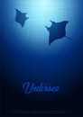 Underwater background with sun rays and silhouette of stingray or manta ray. Deep Ocean poster. Color vector illustration.