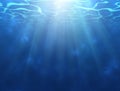 Underwater background with sun rays. Water surface texture. Realistic underwater design with ripple and waves. Vector Royalty Free Stock Photo