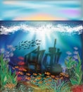 Underwater background with sunken ship