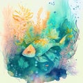 Underwater background with various sea views in watercolor style. Underwater scene. Cute sea fishes and ocean underwater animals Royalty Free Stock Photo