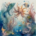 Underwater background with various sea views in watercolor style. Underwater scene. Cute sea fishes and ocean underwater animals Royalty Free Stock Photo