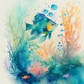 Underwater background with various sea views in watercolor style. Underwater scene Royalty Free Stock Photo