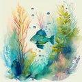 Underwater background with various sea views in watercolor style. Underwater scene. Cute sea fishes ocean underwater animals Royalty Free Stock Photo