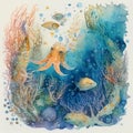 Underwater background with various sea views in watercolor style. Underwater scene. Cute sea fishes ocean underwater animals Royalty Free Stock Photo