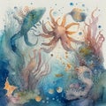 Underwater background with various sea views in watercolor style. Underwater scene Royalty Free Stock Photo