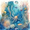 Underwater background with various sea views in watercolor style. Underwater scene Royalty Free Stock Photo