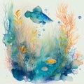 Underwater background with various sea views in watercolor style. Underwater scene. Cute sea fishes ocean underwater animals Royalty Free Stock Photo