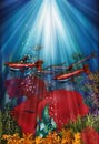 Underwater banner with fish Cardinal tetra and Herichthys Carpintis Super Red