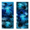 Underwater banner with jellyfish, vector