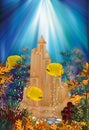 Underwater banner with sand castle, vector