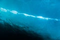 Underwater barrel wave in clear ocean in Oahu.