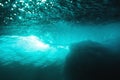 Underwater barrel wave in ocean and sunshine. Water texture in ocean