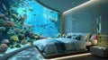 Underwater bedroom with panoramic view of coral reef and tropical fish Royalty Free Stock Photo