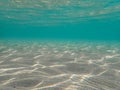 Underwater blue ocean wide background with sandy sea bottom, Real natural underwater view of the Mediterranean Sea Royalty Free Stock Photo